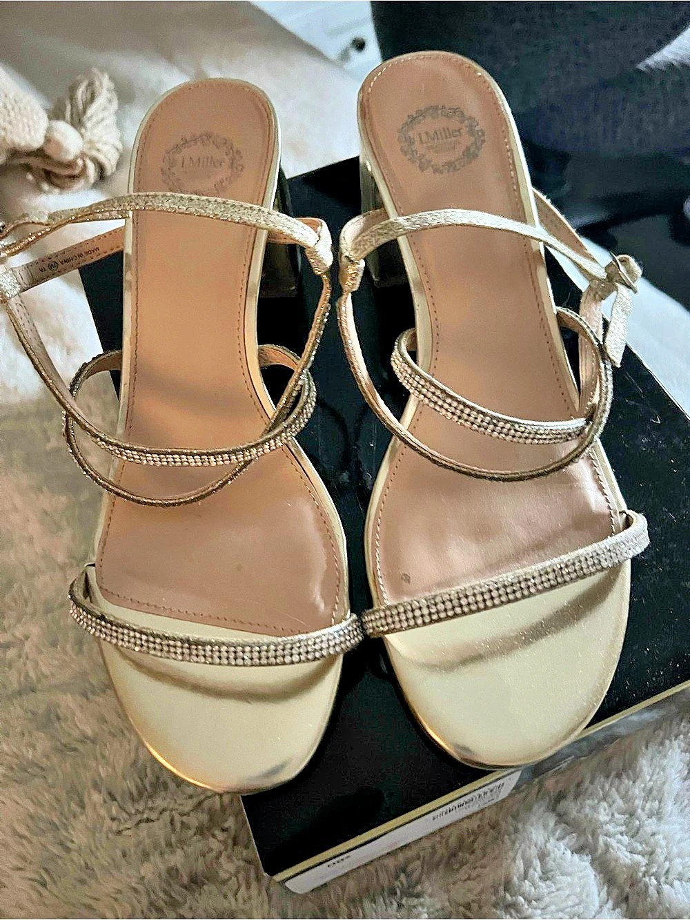 Jewel champagne  Strappy Block Heel  Rhinestone Strap Heels